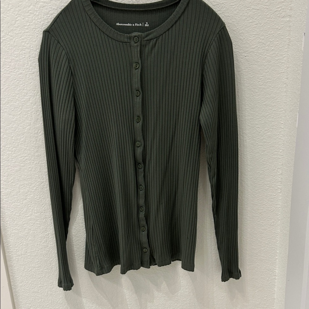 Abercrombie & Fitch Olive Green Ribbed Button-Up Long Sleeve Top